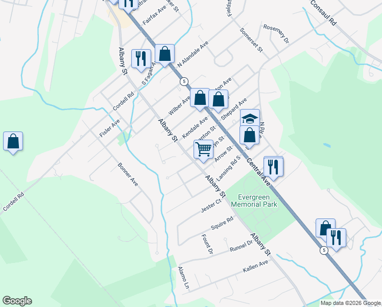 map of restaurants, bars, coffee shops, grocery stores, and more near 3960 Albany Street in Schenectady