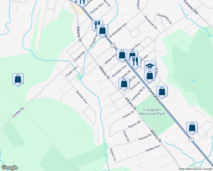 map of restaurants, bars, coffee shops, grocery stores, and more near 4 Greenlawn Court in Schenectady