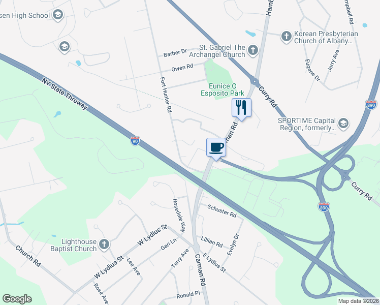 map of restaurants, bars, coffee shops, grocery stores, and more near 1215-1217 Fort Hunter Road in Schenectady