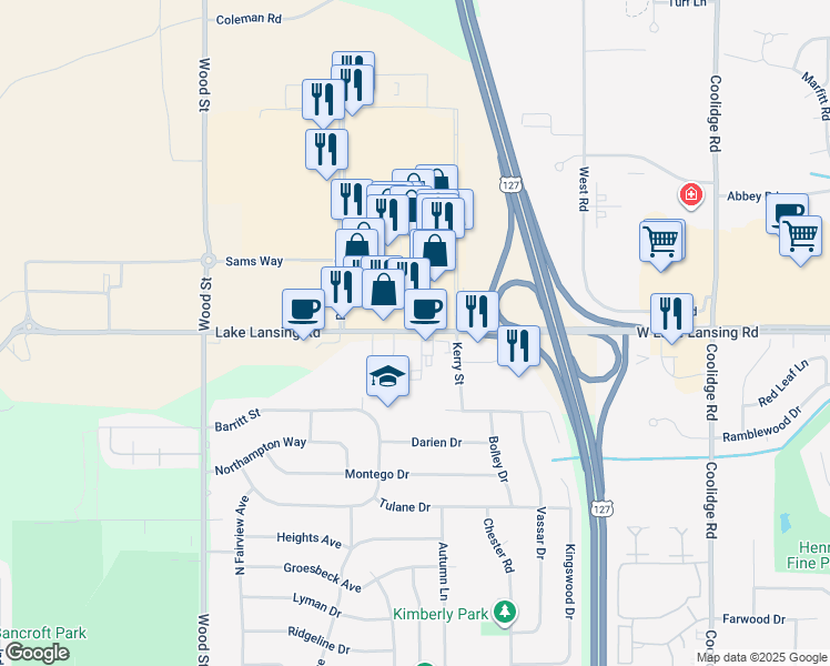 map of restaurants, bars, coffee shops, grocery stores, and more near 2620 Lake Lansing Road in Lansing