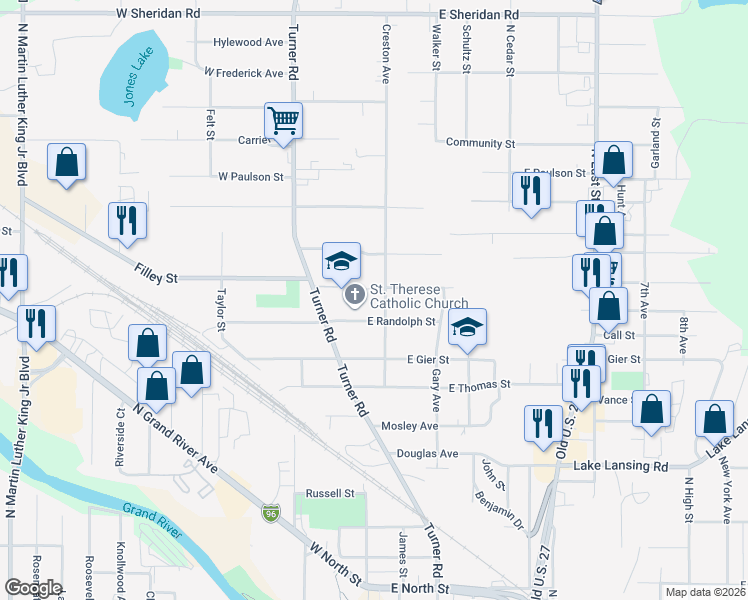 map of restaurants, bars, coffee shops, grocery stores, and more near 2617 Creston Avenue in Lansing