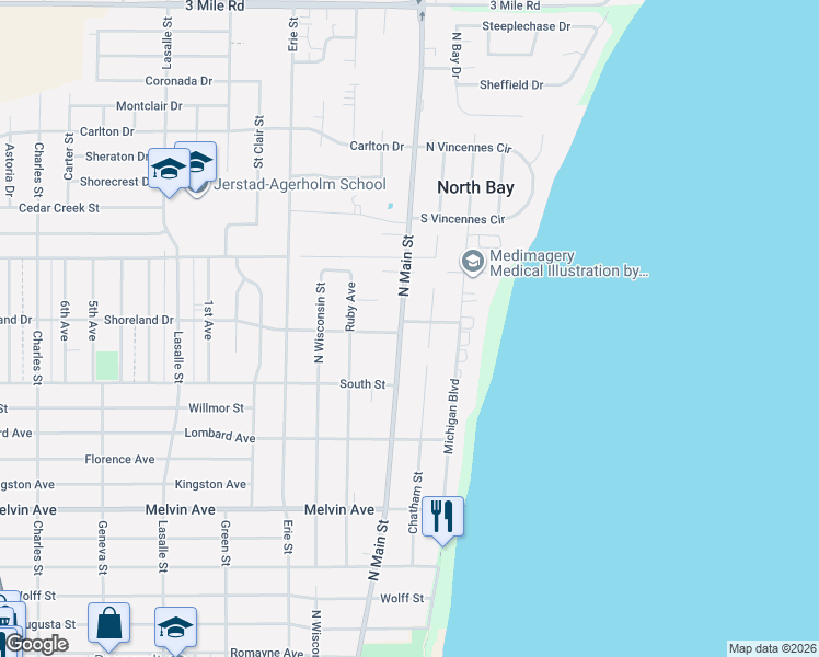 map of restaurants, bars, coffee shops, grocery stores, and more near 3346 North Main Street in Racine