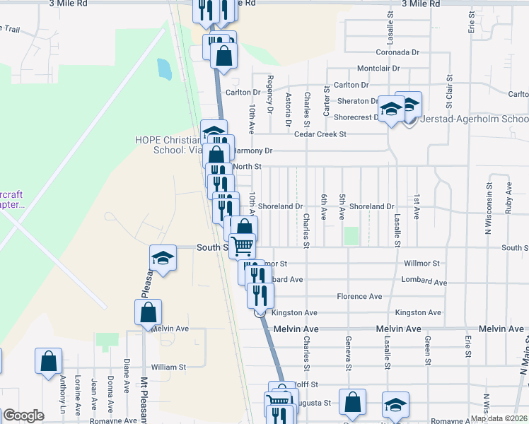 map of restaurants, bars, coffee shops, grocery stores, and more near 3344 9th Avenue in Racine