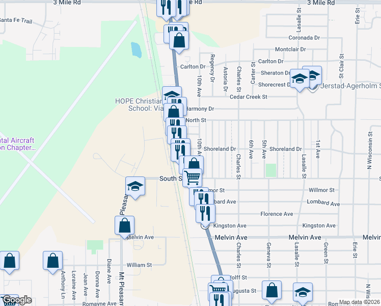 map of restaurants, bars, coffee shops, grocery stores, and more near 3343 Douglas Avenue in Racine