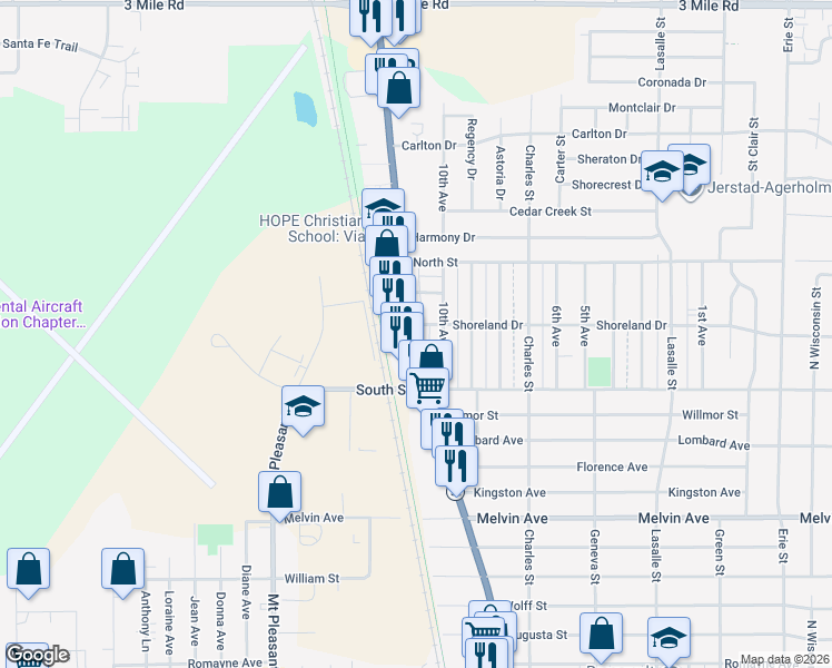 map of restaurants, bars, coffee shops, grocery stores, and more near 3343 Douglas Avenue in Racine