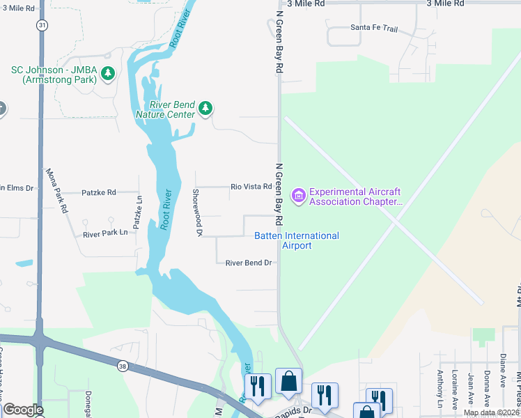 map of restaurants, bars, coffee shops, grocery stores, and more near 3550 Cranberry Lane in Racine