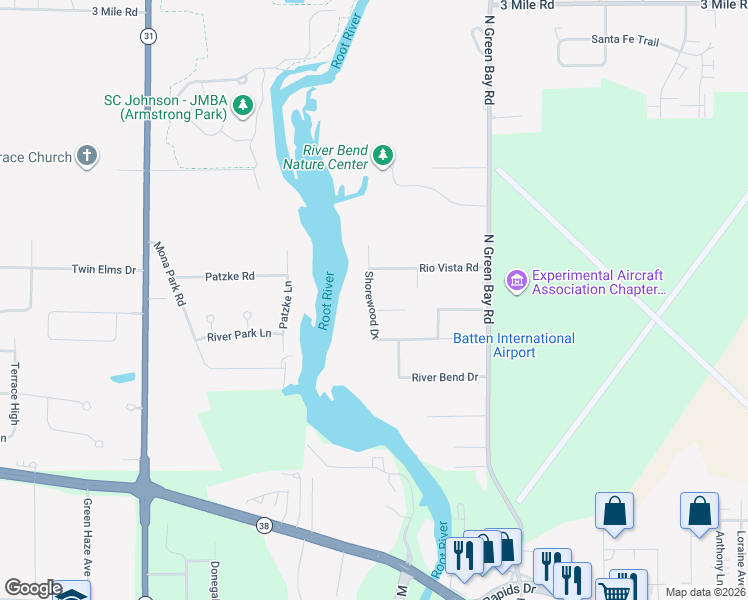 map of restaurants, bars, coffee shops, grocery stores, and more near 3339 Shorewood Drive in Racine