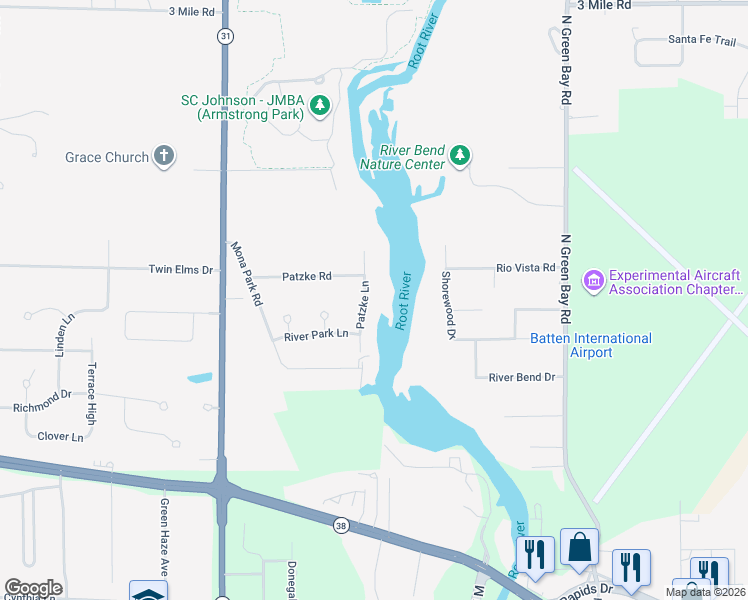 map of restaurants, bars, coffee shops, grocery stores, and more near 3333 Patzke Lane in Racine