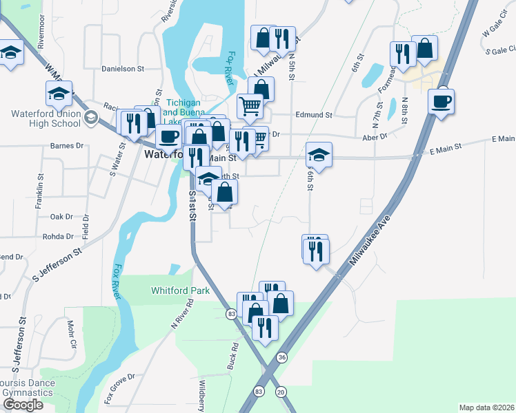 map of restaurants, bars, coffee shops, grocery stores, and more near 401 South 3rd Street in Waterford
