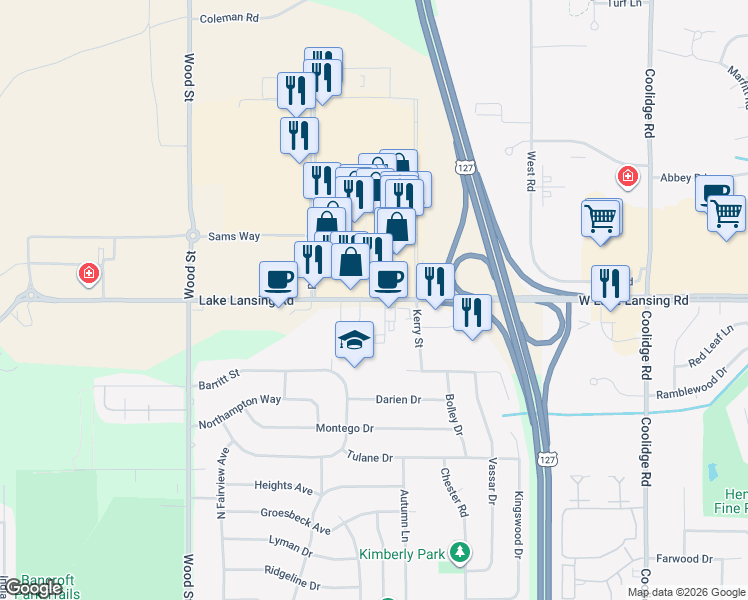 map of restaurants, bars, coffee shops, grocery stores, and more near 2520 Lake Lansing Rd in Lansing Charter Township
