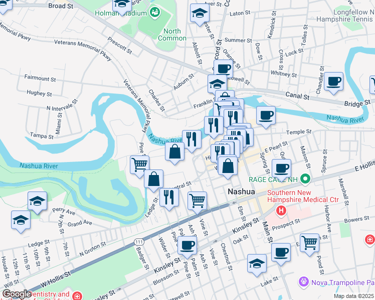 map of restaurants, bars, coffee shops, grocery stores, and more near 1 Clocktower Place in Nashua