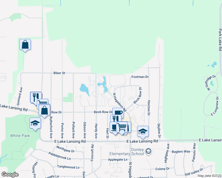 map of restaurants, bars, coffee shops, grocery stores, and more near 3075 Endenhall Way in East Lansing