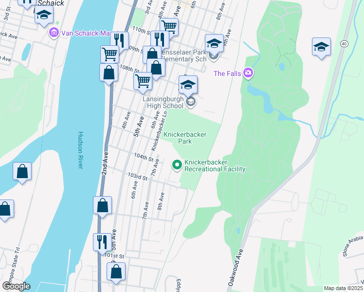 map of restaurants, bars, coffee shops, grocery stores, and more near 212-244 7th Avenue in Troy