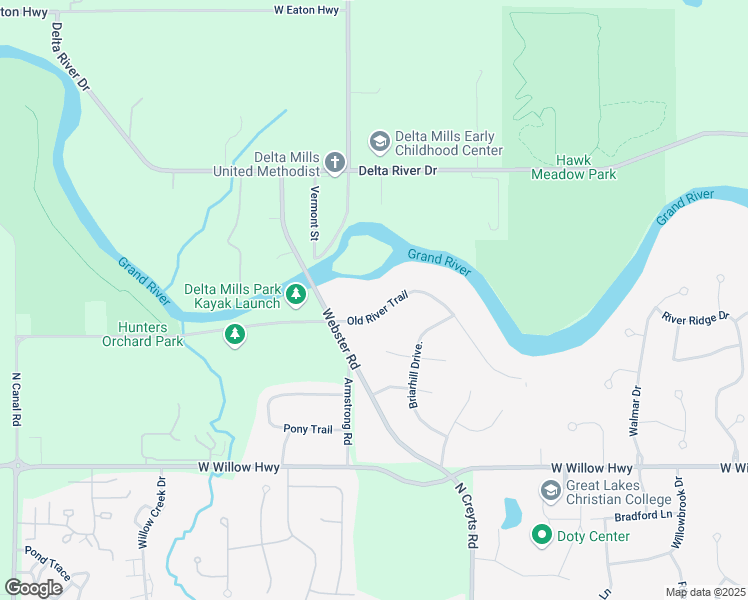 map of restaurants, bars, coffee shops, grocery stores, and more near 6658 Old River Trail in Lansing