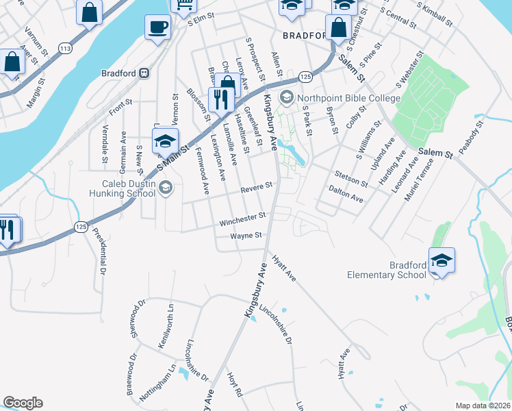 map of restaurants, bars, coffee shops, grocery stores, and more near 103 Lamoille Avenue in Haverhill