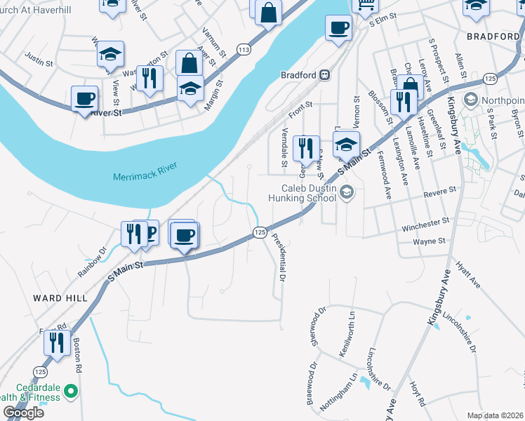 map of restaurants, bars, coffee shops, grocery stores, and more near 3 Franzone Drive in Haverhill