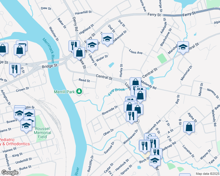 map of restaurants, bars, coffee shops, grocery stores, and more near 85 Gillis Street in Nashua