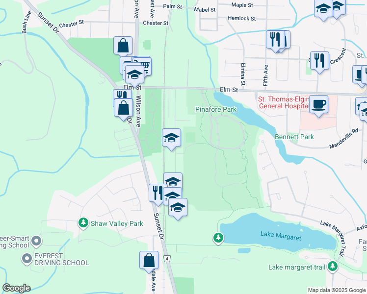 map of restaurants, bars, coffee shops, grocery stores, and more near 41 Parkside Drive in St. Thomas