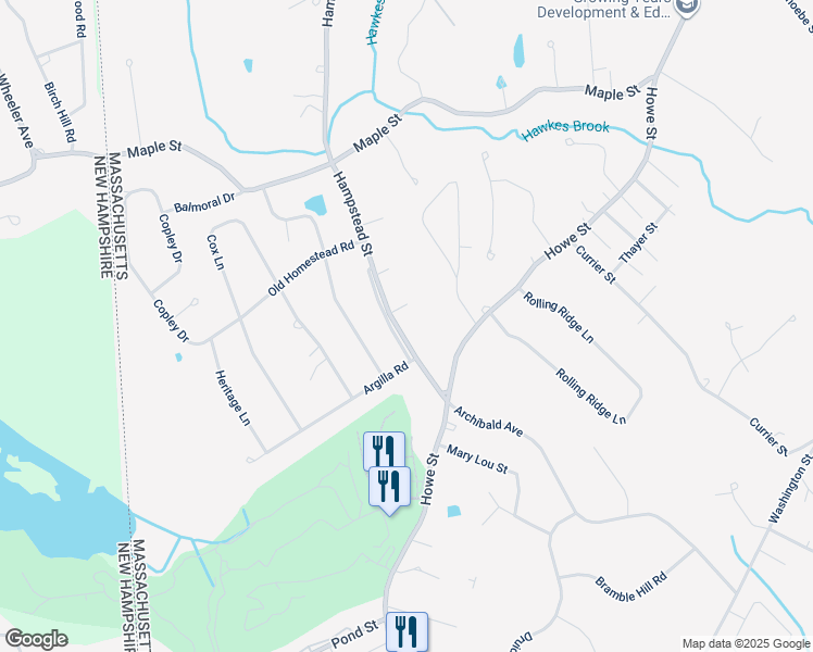 map of restaurants, bars, coffee shops, grocery stores, and more near 17 Hampstead Street in Methuen