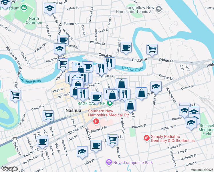 map of restaurants, bars, coffee shops, grocery stores, and more near 7 Mason Street in Nashua