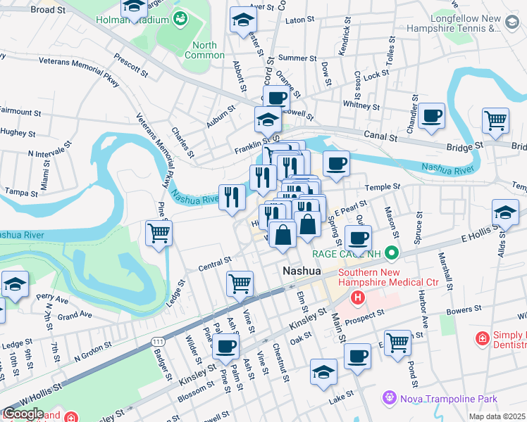 map of restaurants, bars, coffee shops, grocery stores, and more near 45 High Street in Nashua