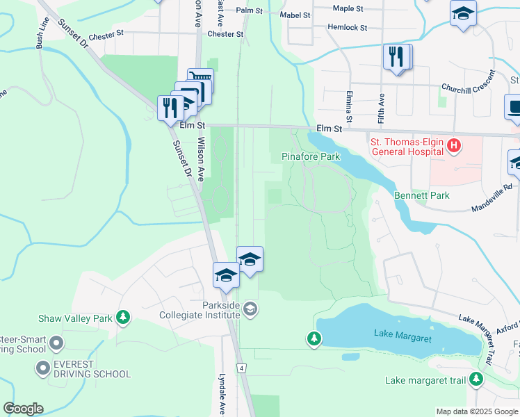 map of restaurants, bars, coffee shops, grocery stores, and more near 41 Parkside Drive in St. Thomas