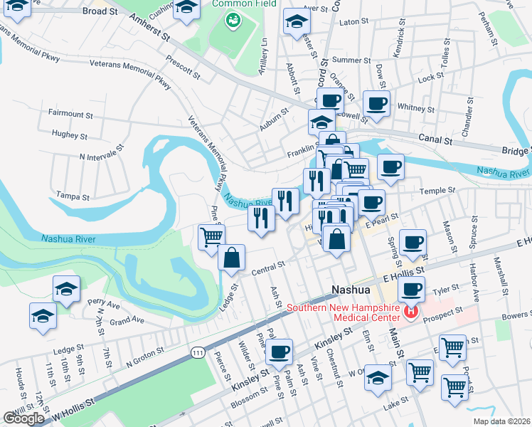 map of restaurants, bars, coffee shops, grocery stores, and more near 2 Clocktower Place in Nashua