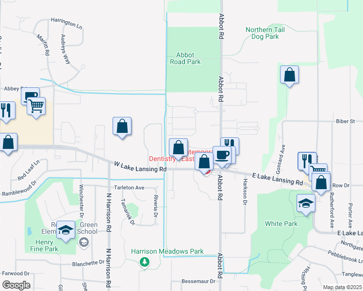map of restaurants, bars, coffee shops, grocery stores, and more near 295 Arbor Glen Drive in East Lansing