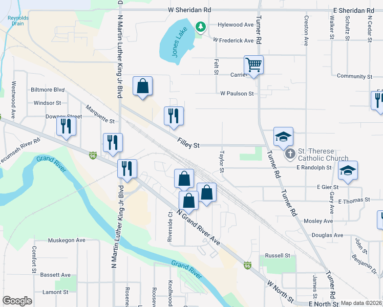 map of restaurants, bars, coffee shops, grocery stores, and more near 635 Filley Street in Lansing