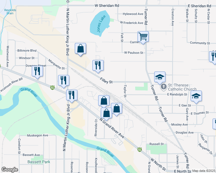 map of restaurants, bars, coffee shops, grocery stores, and more near 635 Filley Street in Lansing