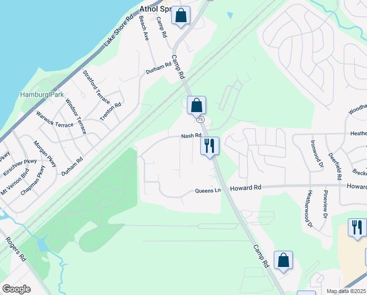 map of restaurants, bars, coffee shops, grocery stores, and more near 4571 Van Peyma Street in Hamburg