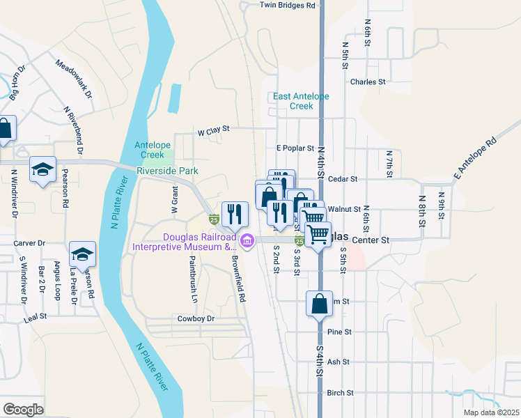 map of restaurants, bars, coffee shops, grocery stores, and more near 100 Walnut Street in Douglas