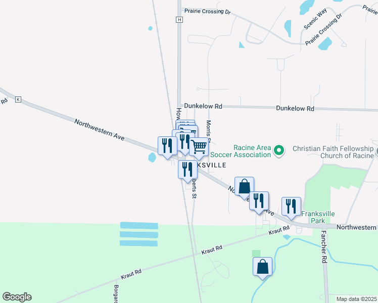 map of restaurants, bars, coffee shops, grocery stores, and more near 3303 County Highway H in Caledonia