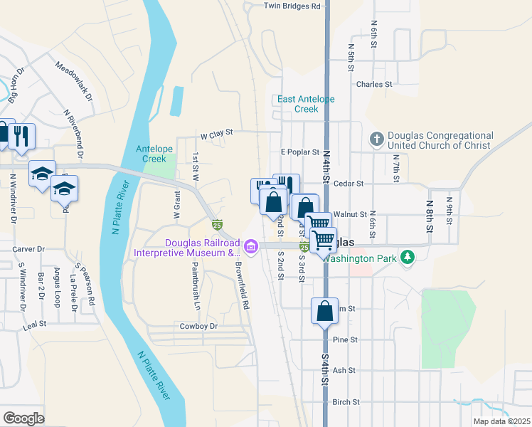 map of restaurants, bars, coffee shops, grocery stores, and more near 100 Walnut Street in Douglas