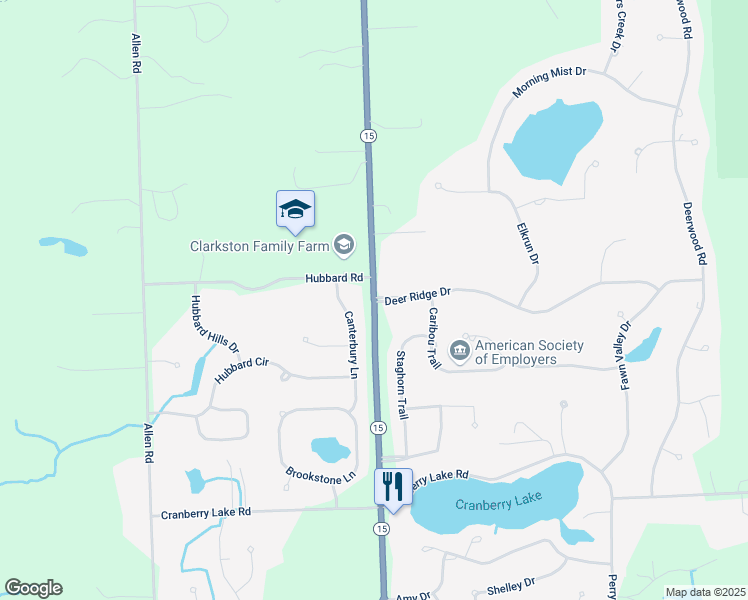 map of restaurants, bars, coffee shops, grocery stores, and more near Ortonville Road in Independence charter Township