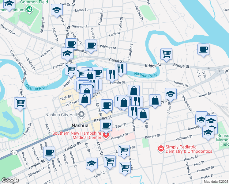 map of restaurants, bars, coffee shops, grocery stores, and more near 9 Mason Street in Nashua