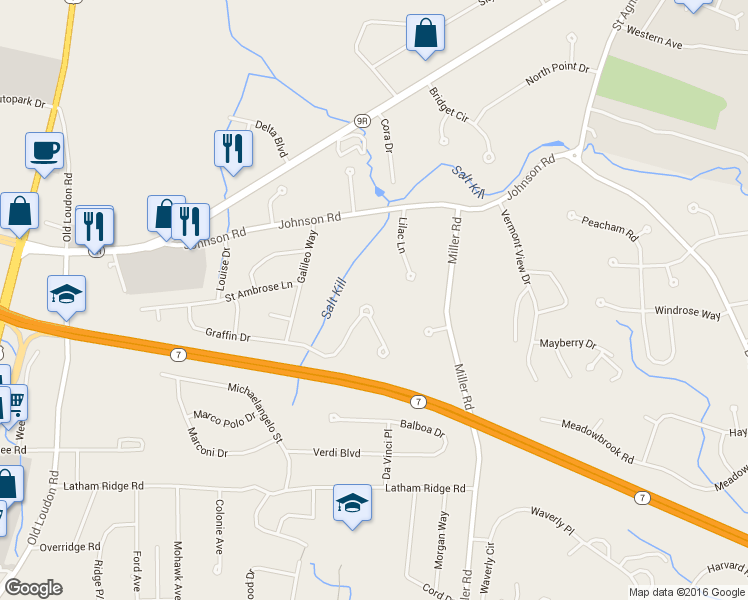 map of restaurants, bars, coffee shops, grocery stores, and more near 44 Graffin Drive in Latham