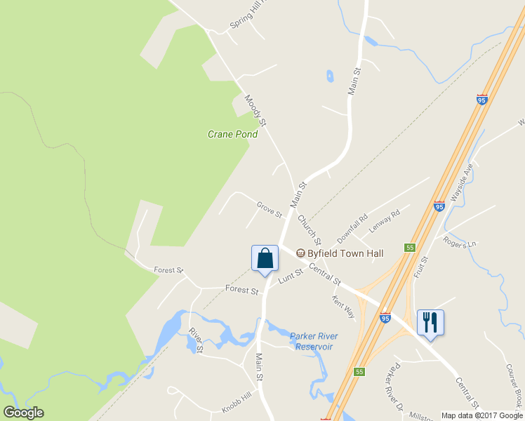 map of restaurants, bars, coffee shops, grocery stores, and more near 3 Oak Terrace in Newbury