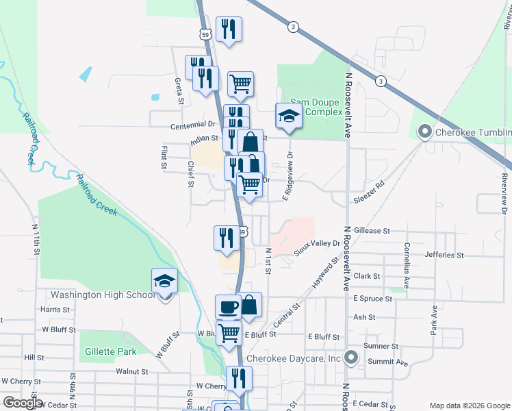 map of restaurants, bars, coffee shops, grocery stores, and more near 128 Wilson Avenue in Cherokee