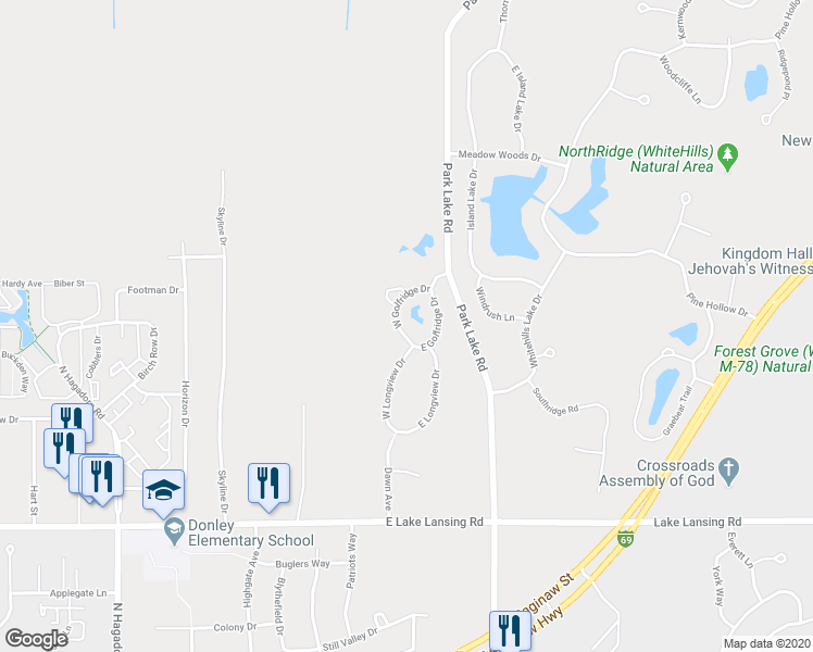 map of restaurants, bars, coffee shops, grocery stores, and more near 6190 West Golfridge Drive in East Lansing