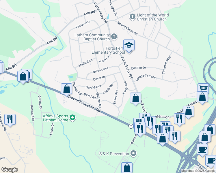 map of restaurants, bars, coffee shops, grocery stores, and more near 16 Luella Road in Latham