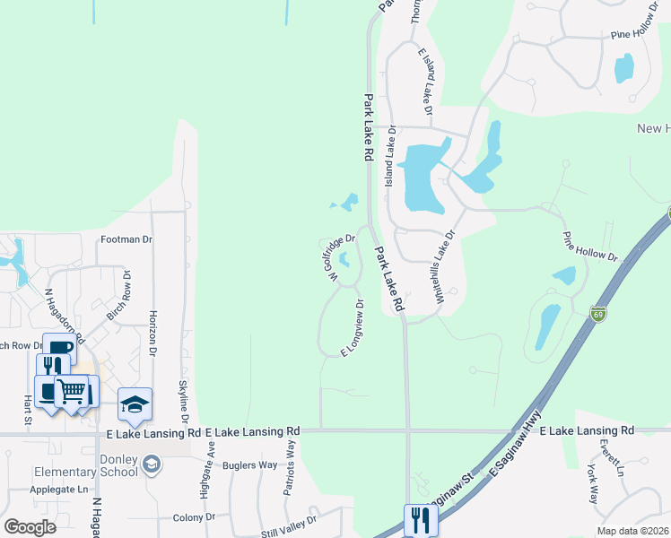 map of restaurants, bars, coffee shops, grocery stores, and more near 6183 West Golfridge Drive in East Lansing