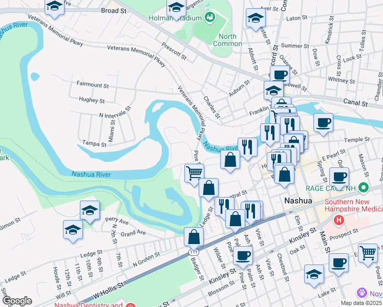 map of restaurants, bars, coffee shops, grocery stores, and more near 65 Technology Way in Nashua