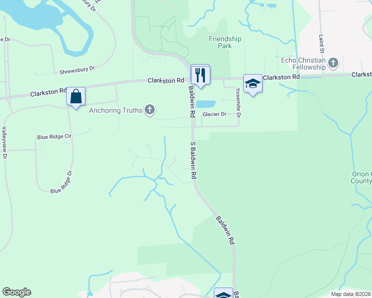 map of restaurants, bars, coffee shops, grocery stores, and more near 1220 South Baldwin Road in Oakland County