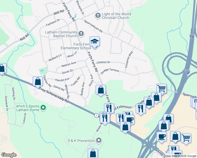 map of restaurants, bars, coffee shops, grocery stores, and more near 6 Ilene Place in Latham
