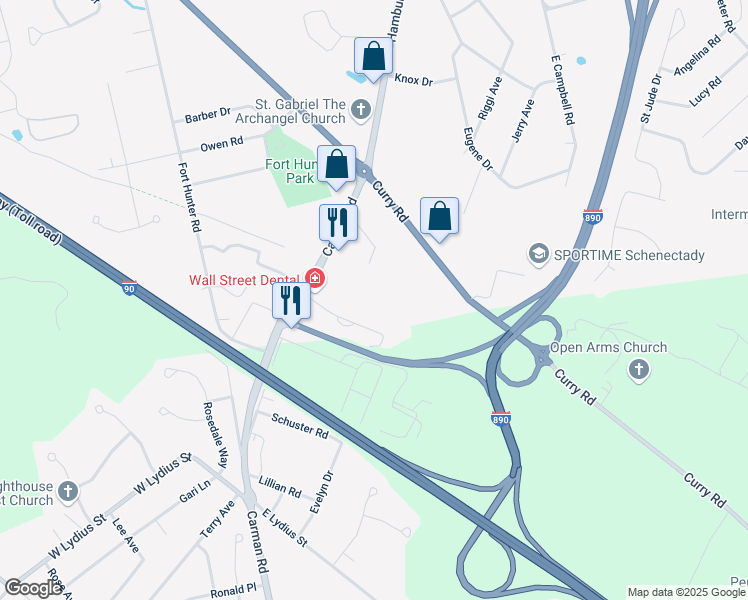 map of restaurants, bars, coffee shops, grocery stores, and more near 3151 Marra Lane in Schenectady
