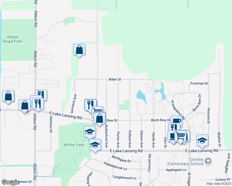 map of restaurants, bars, coffee shops, grocery stores, and more near 6205 Porter Avenue in East Lansing