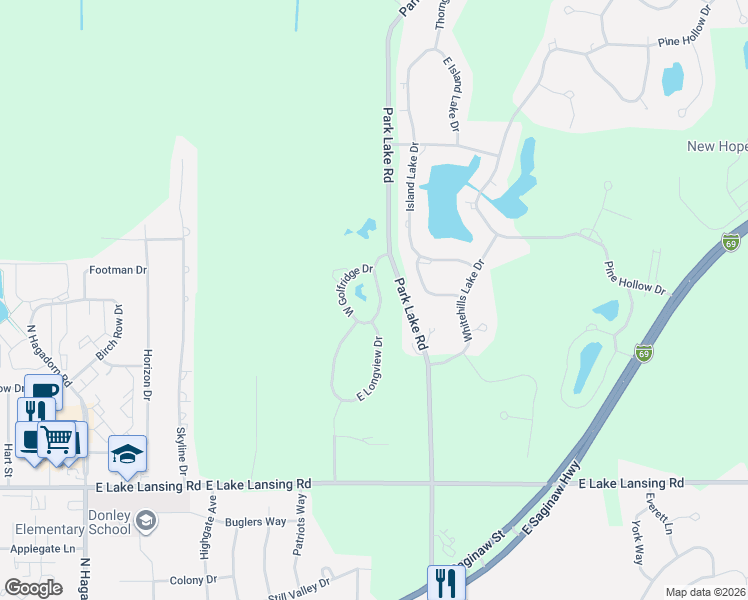 map of restaurants, bars, coffee shops, grocery stores, and more near 6173 East Golfridge Drive in East Lansing