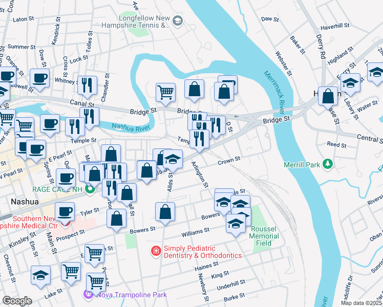 map of restaurants, bars, coffee shops, grocery stores, and more near 4 Arlington Street in Nashua