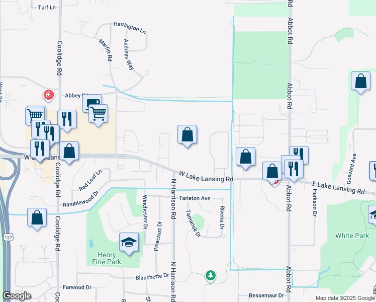 map of restaurants, bars, coffee shops, grocery stores, and more near 702 W Lake Lansing Rd in East Lansing